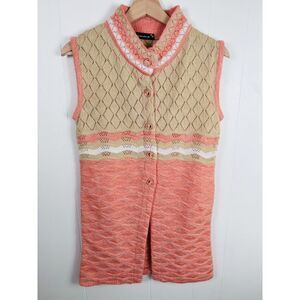 Vintage 70s Crochet‎ Knit Button Down Tunic Length Cardigan Peach Tan Size Small